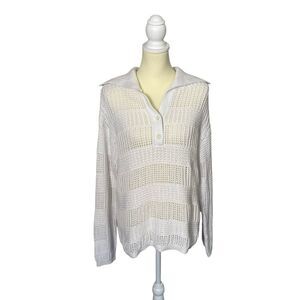 Talbots 100% Cotton White Open Stitch Sailor Collar Sweater Women's Size Large